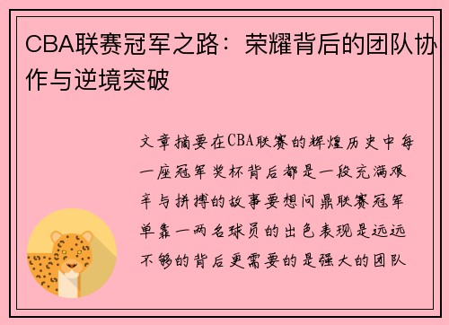 CBA联赛冠军之路：荣耀背后的团队协作与逆境突破