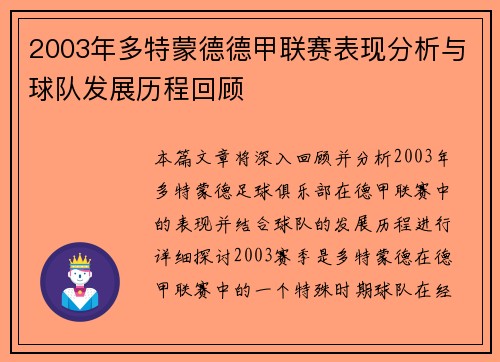 2003年多特蒙德德甲联赛表现分析与球队发展历程回顾