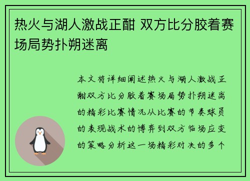 热火与湖人激战正酣 双方比分胶着赛场局势扑朔迷离