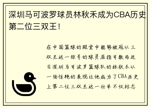 深圳马可波罗球员林秋禾成为CBA历史第二位三双王！