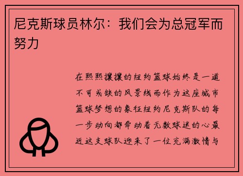 尼克斯球员林尔：我们会为总冠军而努力